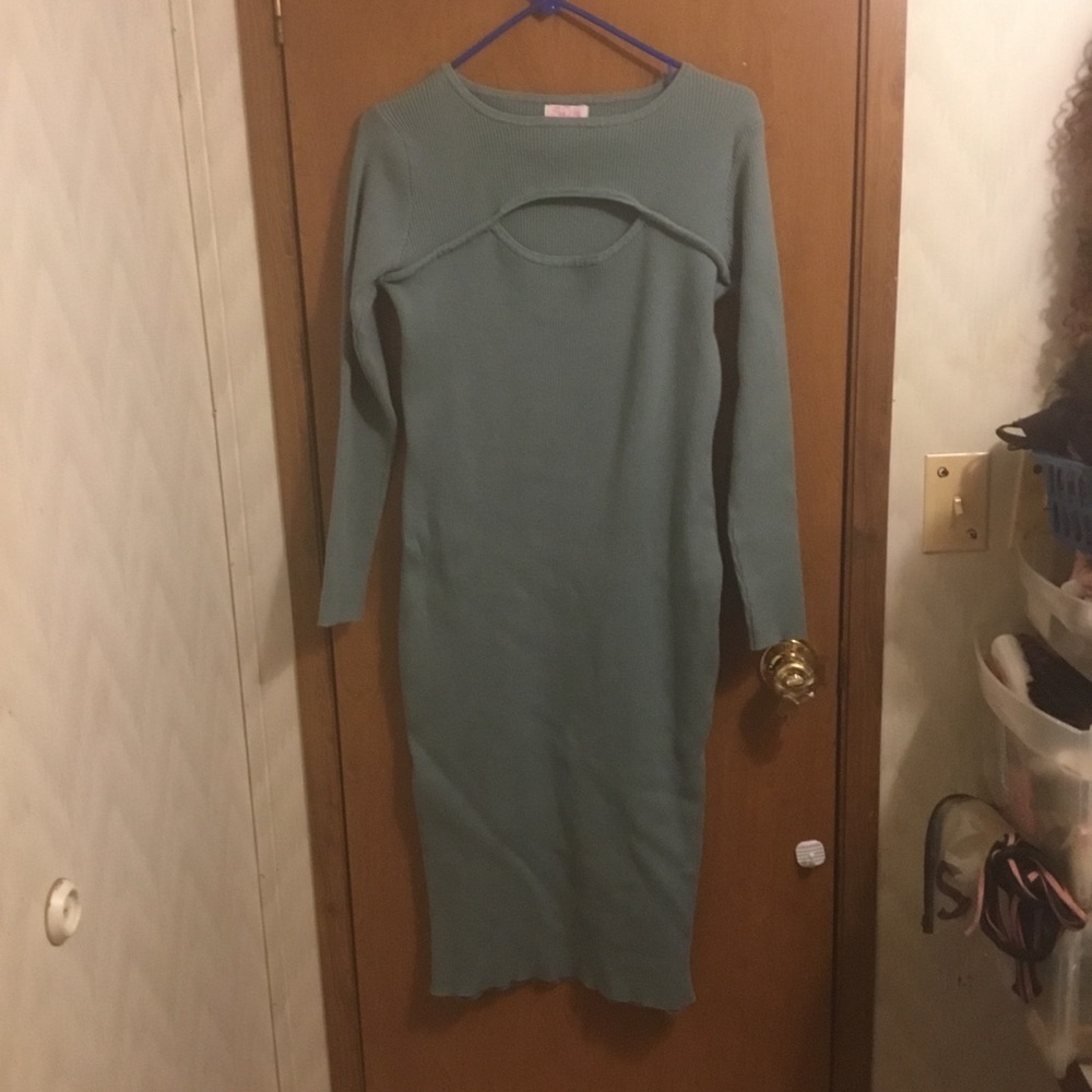 Pink Lily Sage Green Long-Sleeve Cutout Sweater Midi Dress XL